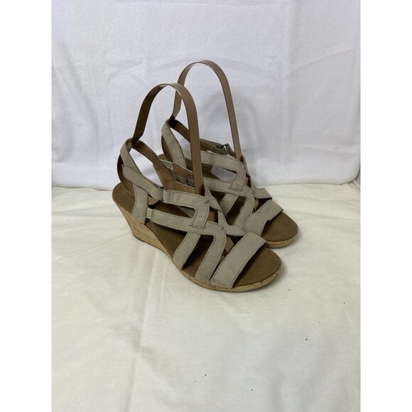 Rockport Sandals Womens 6 M Briah Gladiator Beige Leather Wedge Cork - Picture 1 of 8